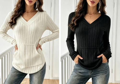 Women neck pleated knit long - women, v-neck